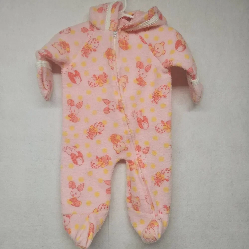 Vintage 80s Pink Footed Hooded Animal Floral Print Fleece Sleeper 0-9 Months